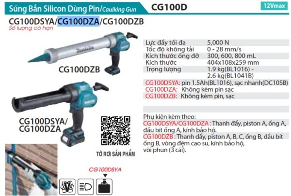 Makita CG100DZA SÚNG BẮN SILICON DÙNG PIN(12V MAX) (không kèm pin sạc)