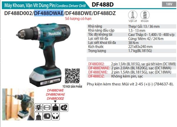 Makita DF488DWAE MÁY KHOAN VÀ VẶN VÍT DÙNG PIN (kèm 02 pin 2.0+ sạc)