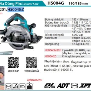 Makita HS004GZ MÁY CƯA ĐĨA DÙNG PIN(190MM/CÓ THỂ GẮN TR (không kèm pin sạc)