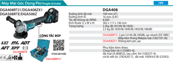 Makita DGA408ZX1 MÁY MÀI GÓC DÙNG PIN(100MM/CÔNG TẮC BÓP/ (không kèm pin sạc)