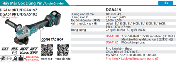 Makita DGA419RTJ MÁY MÀI GÓC DÙNG PIN(100MM/CÔNG TẮC BÓP/ (kèm 02 pin 5.0 + sạc nhanh)