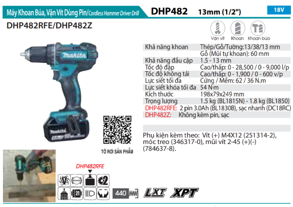Makita DHP482RAE MÁY KHOAN BÚA, VẶN VÍT DÙNG PIN(18V) (kèm 02 pin 2.0 + sạc)