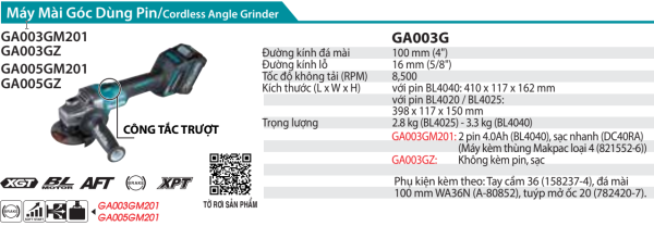 Makita GA003GM201 MÁY MÀI GÓC DÙNG PIN(100MM/CÔNG TẮC TRƯỢ (kèm 02 pin 4.0Ah + sạc nhanh)