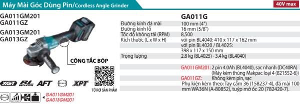 Makita GA011GM201 MÁY MÀI GÓC DÙNG PIN(100MM/CÔNG TẮC BÓP/ (kèm 02 pin 4.0Ah + sạc nhanh)
