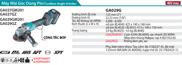 Makita GA029GZ MÁY MÀI GÓC DÙNG PIN(125MM/CÔNG TẮC BÓP/ (không kèm pin sạc)