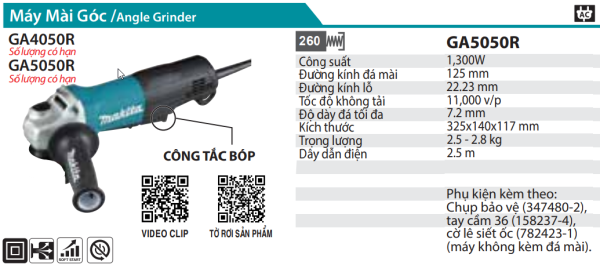 Makita GA5050 MÁY MÀI GÓC(125MM/1300W/CÔNG TẮC BÓP)