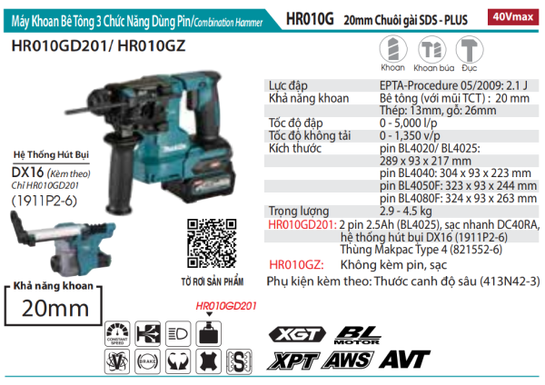 Makita HR010GZ MÁY KHOAN BÊ TÔNG 3 CHỨC NĂNG DÙNG PIN(CHUÔI GÀI SDS-PLUS/20MM)(40V MAX)