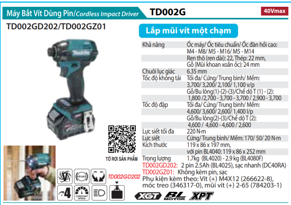 Makita TD002GZ01 MÁY BẮT VÍT DÙNG PIN(BL)(40V MAX) (Chưa kèm pin sạc)